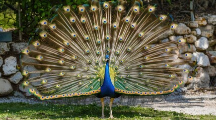 Obraz premium Peacock Displaying Vibrant Colorful Feathers in Nature Setting