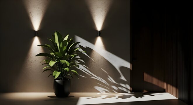 Warm sunlight illuminates a lush green houseplant in a dark room creating dramatic shadows and light patterns