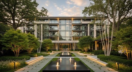 Obraz premium Luxury Modern Residential Building with Serene Landscaped Garden and Illuminated Water Feature at Dusk