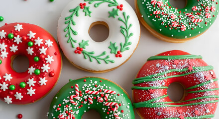 Festive Christmas donuts with red and green icing and sprinkles