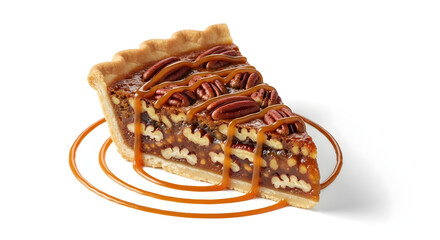 Slice of pecan pie with caramel drizzle