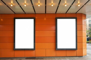 Advertising billboard with empty white display on wall in public space