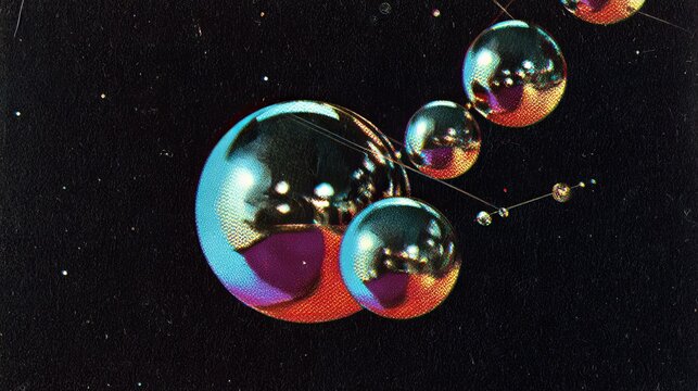 Square album cover with space-age pop art featuring chrome spheres, neon constellations, glossy surreal elements, optimistic futuristic design, saturated colors on black. - Powered by Adobe