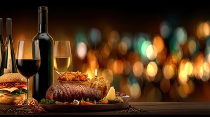 Bottles of red and white wine alongside a glass of wine and a plate of gourmet food on a wooden table, set in a warm, softly lit dining environment.