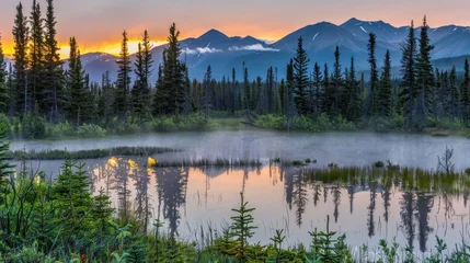Fototapete Wald im Nebel Scenic Mountain Lake Landscape with Pine Trees and Mist During Sunset  © matoya