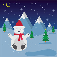 Cute polar bear in red scarf enjoying winter snow scene with mountains and trees at night