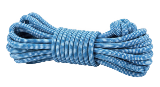 Coiled blue climbing rope isolated on a white background.