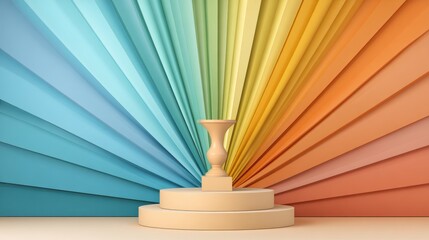 White pedestal with a lit candle positioned against a vibrant rainbow-colored wall, showcasing bright colors and minimalistic decor in a modern setting.