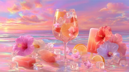 Various colorful ice cream cones and vibrant flowers arranged on a sandy beach under bright daylight, perfect for summer-themed promotional use.