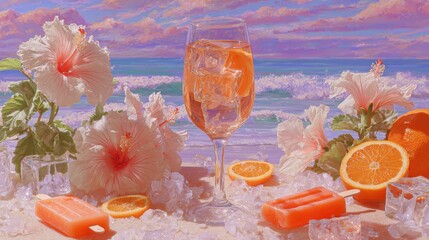 Close-up of a chilled glass of white wine with fresh orange slices and ice cubes, set against a bright, clean background ideal for summer and refreshment themes.
