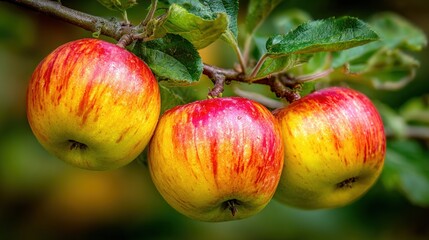 Three ripe red apples hanging from a leafy green tree branch against a soft blurred natural background in daylight.
