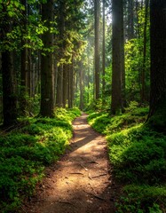 Naklejka premium A sunlit trail winds through a vibrant forest. Lush moss covers the ground. Tall trees form a canopy, dappling the path with light