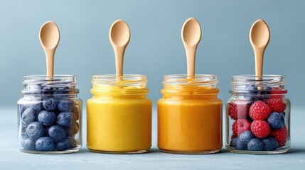 Four jars filled with colorful foods, each accompanied by a spoon, arranged on a white surface with bright natural lighting.