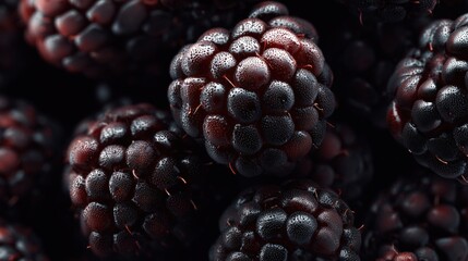 Close-up of fresh blackberries covered with water droplets on a dark background, highlighting texture and vibrant deep purple-black color in natural light.