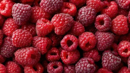 Close-up of fresh red raspberries piled together with visible holes in the center, highlighting texture and natural imperfections on a white background.