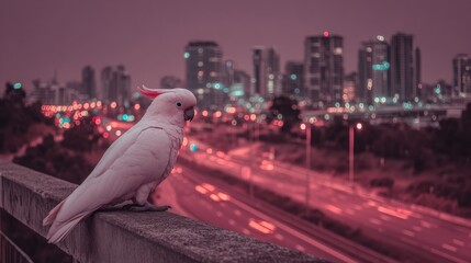 A giraffe perched on a ledge overlooking a brightly lit city skyline at night, showcasing urban lights and a clear dark sky.