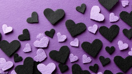 Purple and black heart shapes scattered across a vibrant purple background, creating a modern romantic pattern ideal for Valentine&acirc;s Day and love-themed designs.