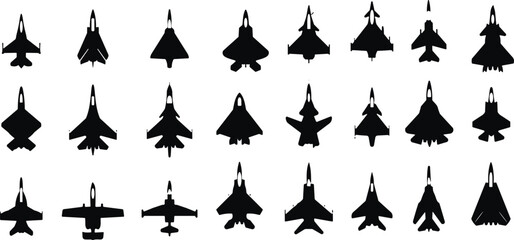 Collection of military fighter jet silhouettes, showcasing aircraft designs, aviation technology, combat planes, tactical air force vehicles, and modern aerospace illustration