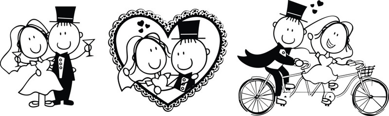 Cute wedding couple stick figure illustrations showing bride and groom in romantic scenes, love celebration drawings, marriage cartoon characters for invitations