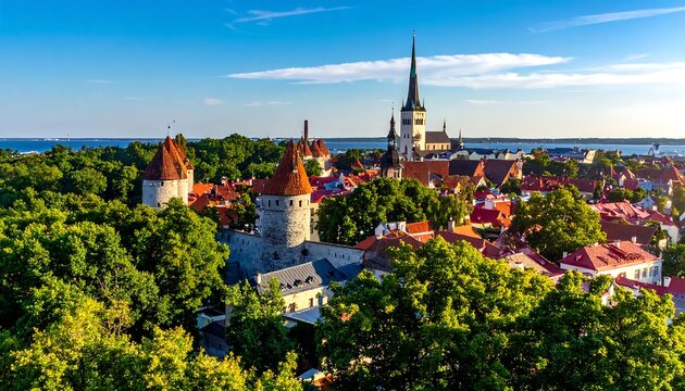 A vibrant city skyline is captured on a sunny day. A medieval church spire rises above red rooftops, surrounded by foliage - Powered by Adobe