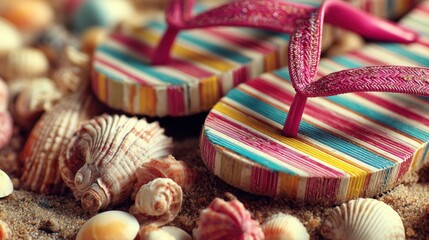 Close-up of colorful flip flops resting on sandy beach with soft natural light, capturing summer vacation and seaside relaxation vibes.