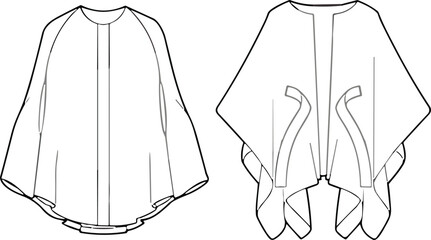Fashion cape technical sketch showing detailed front and back views, poncho garment template, apparel flat drawing, vector design outline for designers
