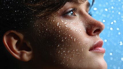 Woman with wet hair gazes thoughtfully out a window covered in raindrops, soft natural light highlighting her contemplative expression.