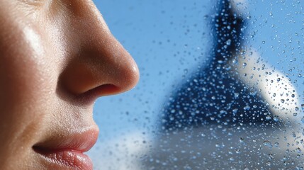 A scared woman gazes out a rain-speckled window, reflecting tension and uncertainty in a dimly lit indoor setting during daytime.