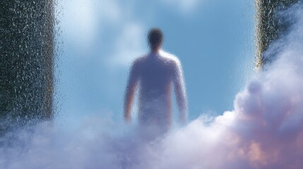 A man stands alone in a misty, cloud-filled area with shallow water reflecting the soft, diffused light of an overcast sky.