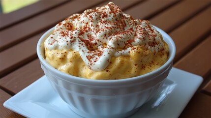 White bowl filled with smooth whipped topping on a clean white surface, bright natural lighting highlighting texture and creamy details.