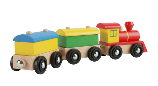Colorful wooden toy train set on white background.
