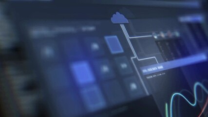 Closeup of a computer screen displaying data and graphs with a blue light moving across the screen. - Powered by Adobe