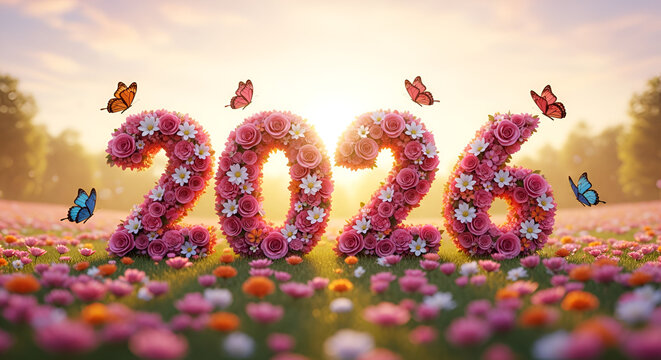 Happy New Year 2026 Floral Typography with Butterflies - Powered by Adobe
