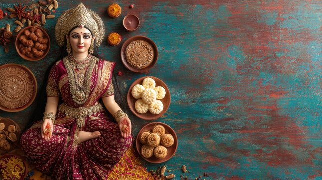 A carved statue of a woman seated in lotus position surrounded by colorful bowls of food on a wooden surface, captured in soft natural daylight.