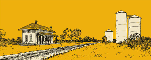 A yellow and brown drawing of a rural area with a house, a road, and two large silos © annetdebar