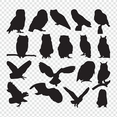 Collection of various owl silhouettes in different poses and activities