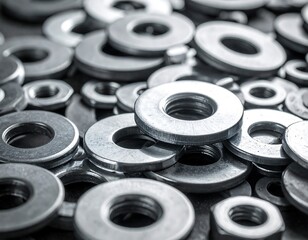 Obraz premium Close-up of various metal washers and nuts, creating a scattered, industrial texture