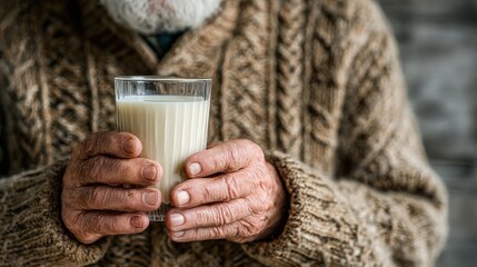 Middle-aged man with a beard holding a glass of milk, wearing a sweater, standing against a plain light background, daytime indoor setting.