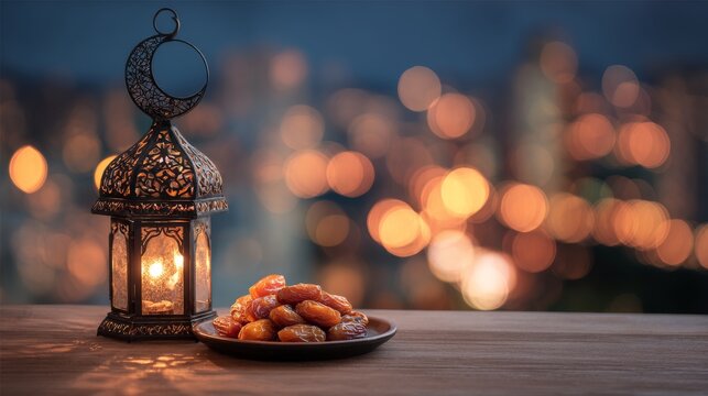 Ramadan kareem lantern with crescent moon on top beside a small plate of dates against a glowing city bokeh night sky celebrating islamic holy month traditions