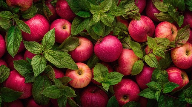 A close-up of a large pile of fresh red apples with smooth skin, arranged tightly together on a neutral background, perfect for food or harvest themes.