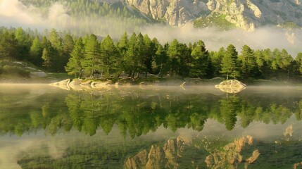 Serene Mountain Lake with Dense Green Forest and Misty Atmosphere