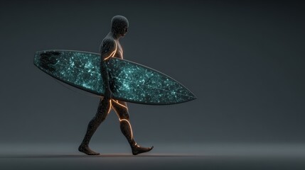 Bearded man carrying a surfboard walks along a sandy beach at sunset, wearing casual beachwear with calm ocean and clear sky in the background.
