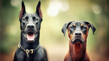 Two dogs standing side by side on a neutral background, showcasing their posture and fur textures in natural daylight.