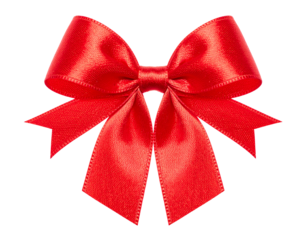 A shiny red satin ribbon tied into a bow with two tails, centered and facing forward on white background