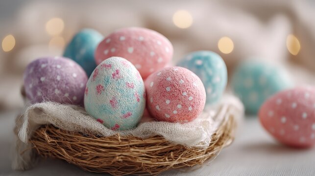 Close-up of a woven basket filled with colorful Easter eggs in vibrant shades, highlighting texture and bright spring colors on a neutral background.