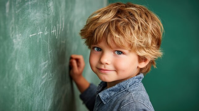 Young boy writing with white chalk on a blackboard in a classroom setting, focused on learning during daytime.