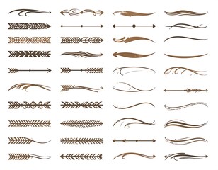 Assorted brown decorative dividers, arrows, and flourishes arranged on a white background