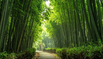 A winding, paved path meanders through a dense bamboo forest, the towering green stalks creating a canopy overhead. Sunlight filters