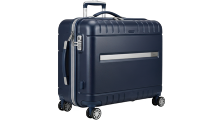 Dark blue rolling travel suitcase isolated on white background.