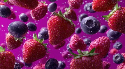 Close-up of fresh red strawberries and ripe blueberries against a smooth purple background, highlighting vibrant colors and natural texture for food or health themes.